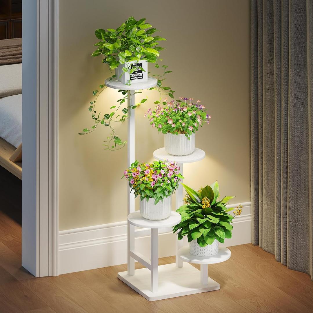 Plant Stand Indoor with Grow Light, 4-Tiered Tall Plant Stand Indoor, Metal Plant Shelf with Adjustable Light, Ideal for Living Room, Garden, Patio white