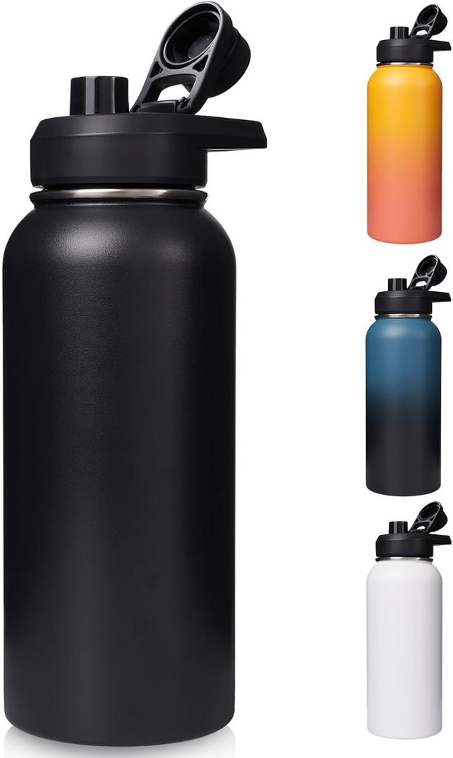 32 oz Insulated Water Bottle with Handle, 304 Stainless Steel Water Bottles with Wide Mouth, Double Wall Vacuum Sports Water Bottle, BPA Free, Keep Cold and Hot, Black