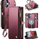 Defencase for iPhone 16 Magnetic Wallet Case Compatible with Magsafe with RFID Blocking Zipper Pocket & Card Holder for Women Men PU Leather Strap Detachable Case for iPhone 16 (6.1 inch), Wine Red