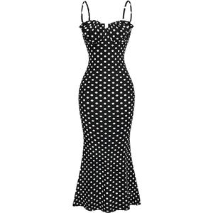 Milumia Women's Polka Dots Frill Trim Cami Dress Fishtail Maxi Dresses | 1950s Retro Long Dress, Ruched Bust, Summer Fall, Elegant, Vintage, Cocktail, Date Night Outfit, Small