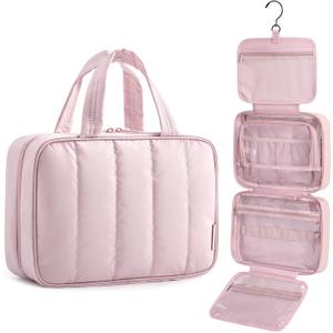 BAGSMART Travel Toiletry Bag for women, Portable Hanging Hook Makeup Bag Organizer, Waterproof Makeup Cosmetic Bag, for Full-Size Accessories, Toiletries, Pink