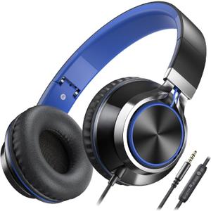 AILIHEN C8 Kids Headphones Wired, On-Ear Headphones with Microphone and Volume Control Foldable Corded Stereo 3.5mm Headset for School Teens Smartphones Chromebook Laptop Tablets Travel (Black Blue) (Medium)