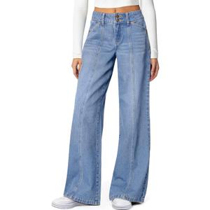 Sidefeel Women's Wide Leg Jeans High Waisted Stretchy Straight Leg Jeans Trendy Seamed Front Loose Denim Pants (12, Iceland Blue)