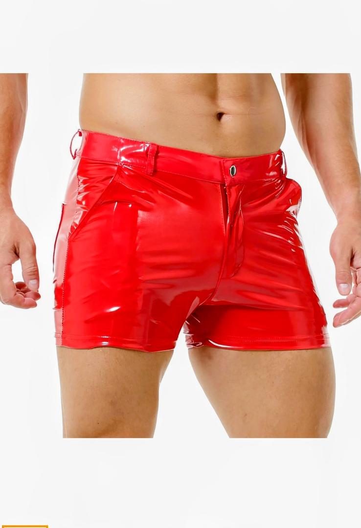 Men's PU Leather Shorts Flat Front Boxer Short Pants Casual Straight Leg Hot Shorts with Pocket & Zipper
size M