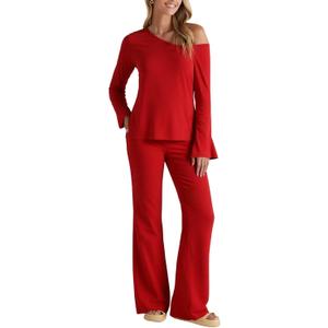BWQ Sexy 2 Piece Outfits for Women Long Sleeve Wide Leg Pants Casual Lounge Matching Sets (Red, M)