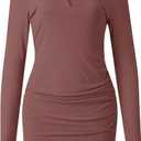 AUXDIO Women Bodycon Long Sleeve Dresses Casual V Neck Ruched Wrap 2026 Spring Fall Party Club Mini Dress (L)