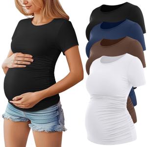 Huukeay 4 Pack Women's Maternity Shirts, Crew Neck Maternity Top Short Sleeve Casual Cotton Tee Side Ruched Pregnancy Clothes (Black, White, Coffee, Navy Blue)