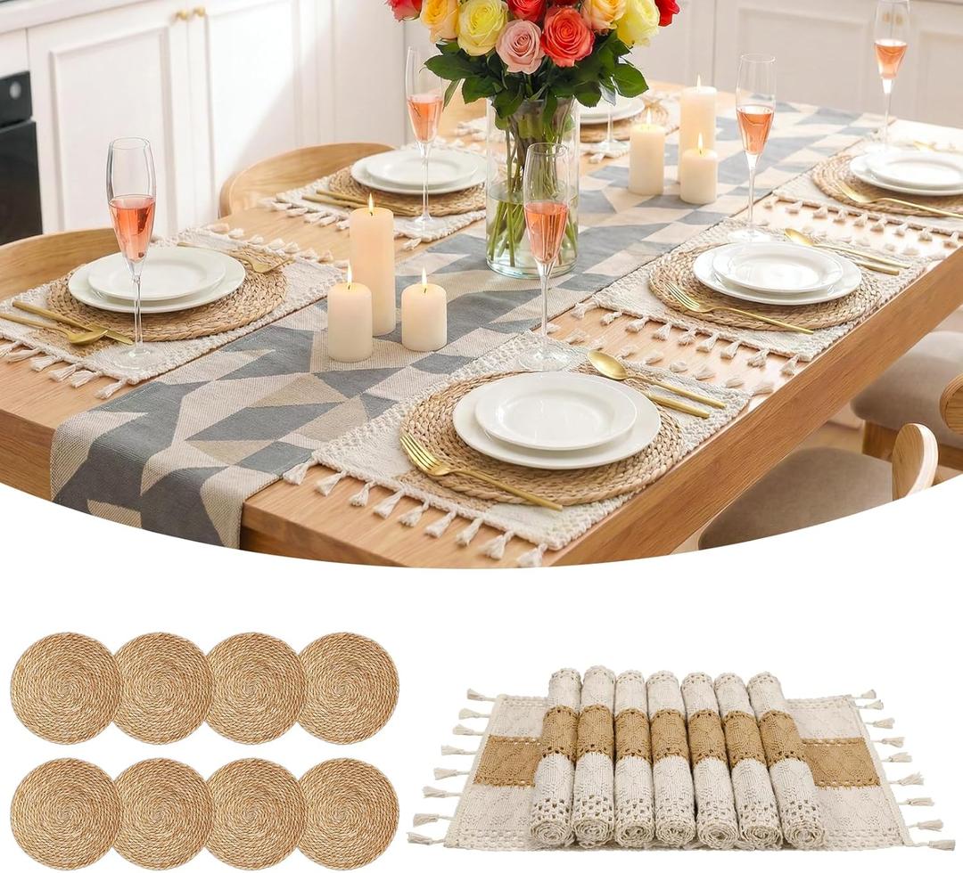 Placemats Set of 8 - Rattan Round Place Mats & 11.8 x 17 Cotton Braided Placemat for Dining Table Setting, Rustic Farmhouse Boho Wedding Decor, Wicker Woven Charger Dinner Plates, 16Pcs