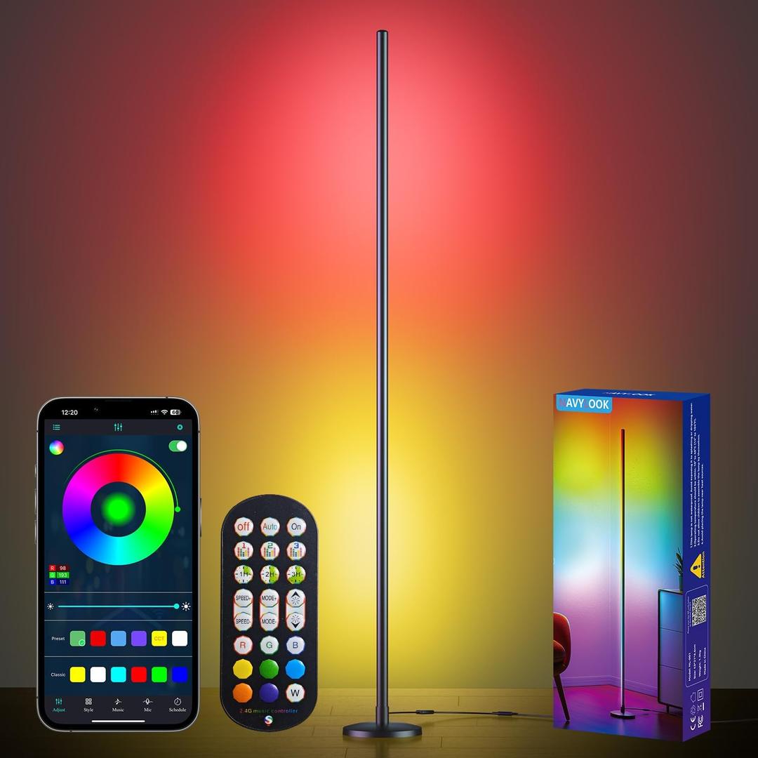 Modern Floor Lamp, Smart RGB LED Floor Lamp with App & Remote Control, 16 Million Colors & 200+ Scene Modes, Corner Lamp with Timer and Music Sync, Standing lamp for Bedroom Home Decor (Black)