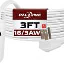 Flat Plug Extension Cord with 3 Outlets Extender, Indoor Extension Cord Power Strip, 16 Gauge 3FT White 3 Prong, 16/3 SPT-3 13A, UL Listed