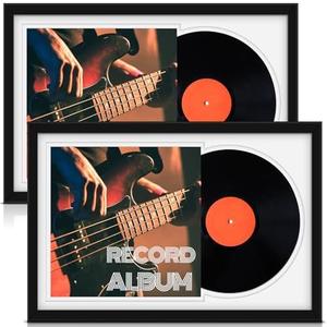Colingmill 2 Pcs Vinyl Record Display Frame 16x22 Inches Double Groove Record Album Frame and 12.5×12.5 Inch Album Cover Art for Wall Mounting Home Decor (White Matting)