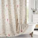 RoomTalks Boho Floral Shower Curtain with Tassels - Premium Quality Heavy Duty, Modern Farmhouse Cute Flowers Vintage Chic Textured Linen Shower Curtain Set Cottage Botanical Bathroom Decor