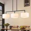 47" W Modern Linear Kitchen Island Pendant Light Fixture 3-Light White Linen Drum Shade Chandelier Black Metal Linear Chandeliers for Dining Room Farmhouse Hanging Light for Living Room, Bar, E26, Large