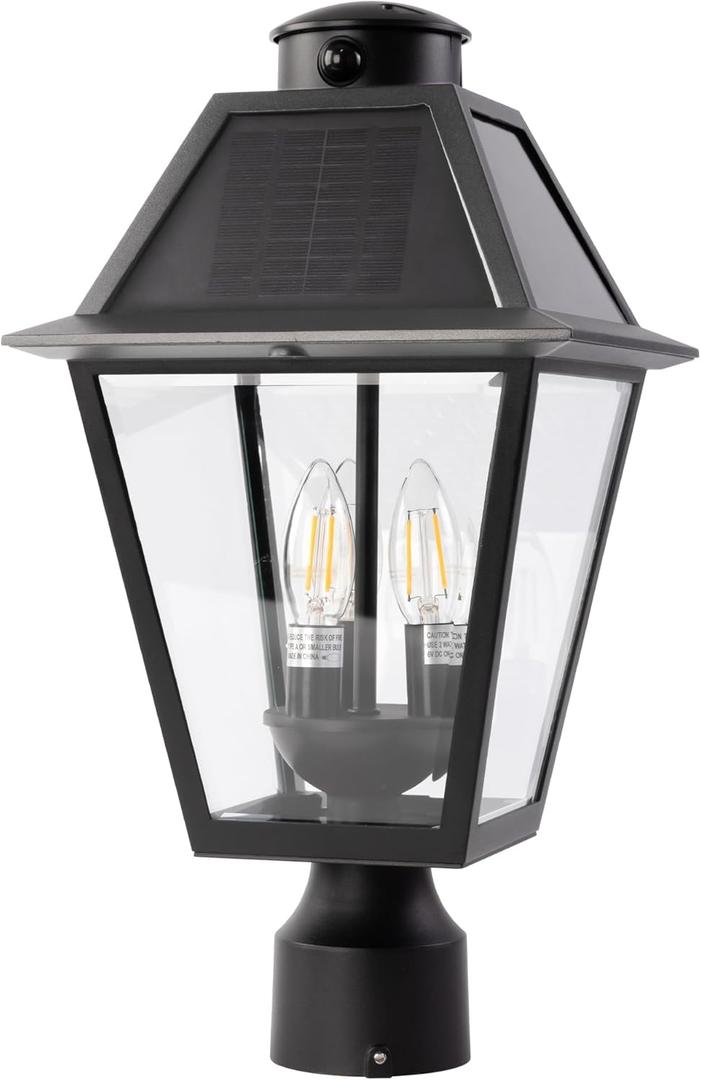 LUTEC Outdoor Solar Lamp Post Light with Motion Sensor, Dusk to Dawn Waterproof Pole Light Head with Three Modes, Exterior Black Solar Powered Fence Post Light Fixtures for Outside