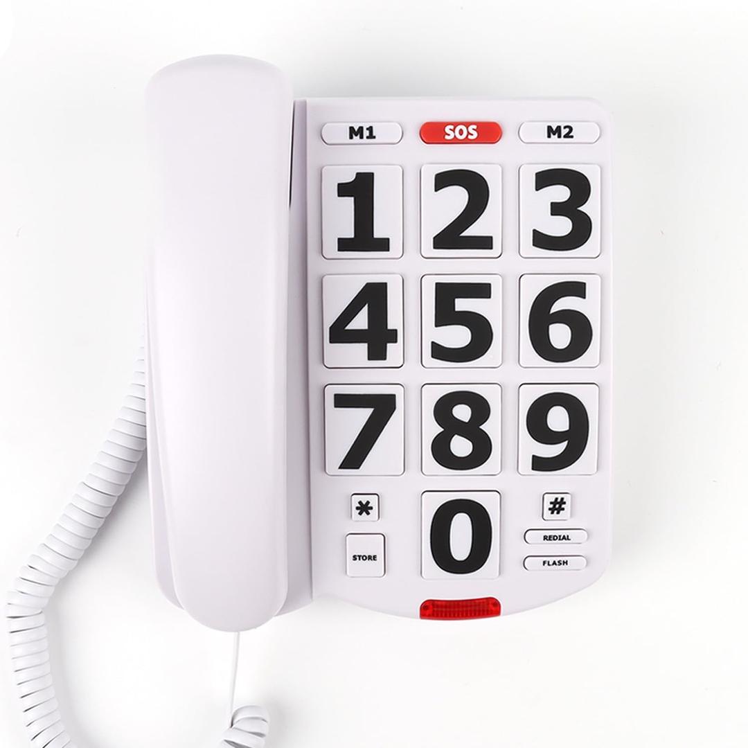Big Button Phone for Seniors, Large Button Phones for Elderly with Picture, Hand-Free Corded Phone with LED Call Alert, Adjustable Volume and 3 One-Touch Dialing for Elderly People, White