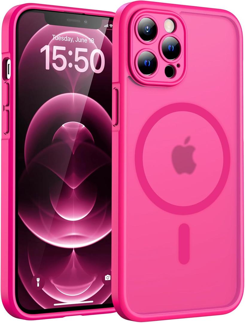 TOCOL Magnetic for iPhone 12 Pro Max Case, Upgraded Full Camera Protection, Compatible with Magsafe, Drop Protection, Translucent Matte Back Bumper Phone Cover 6.7-InchHot Pink