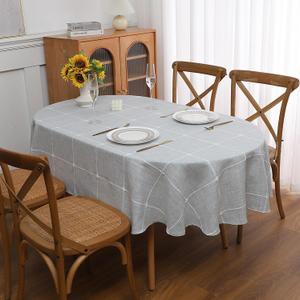 Gernaice Plaid 52x70 Inch Oval Tablecloth, Farmhouse Embroidered Fabric Checkered Table Cloth, Dust Proof Wrinkle Free Washable Table Cover for Party Kitchen Dining Picnic, Grey