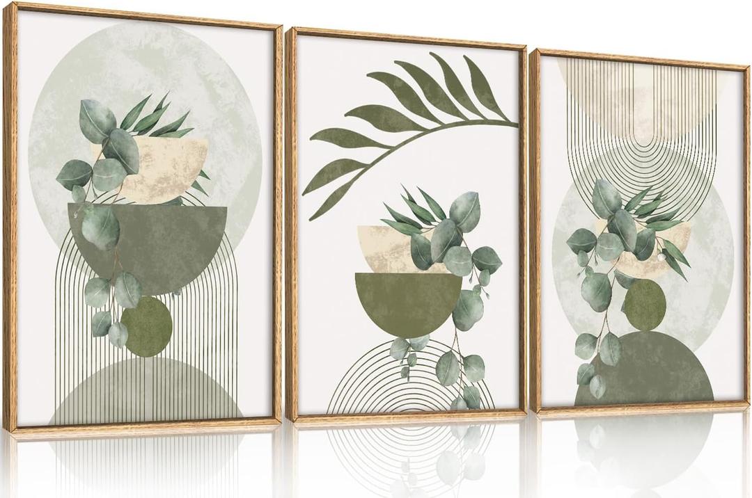 FWIEXA Sage Green Plant Canvas Wall Art Set 3, Abstract Geometric Line Botanical Framed Prints, Beige Minimalist Boho Leaf Paintings,16x24In Mid Century Modern Artwork for Living Room,Bedroom,Office