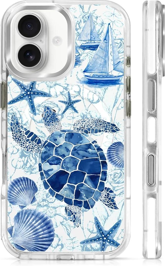 for iPhone 17 Case [Compatible with Magsafe],Girls Women Clear Magnetic Case Silicone Shockproof Protective Cover with Pattern Blue Sailing Sea Turtle