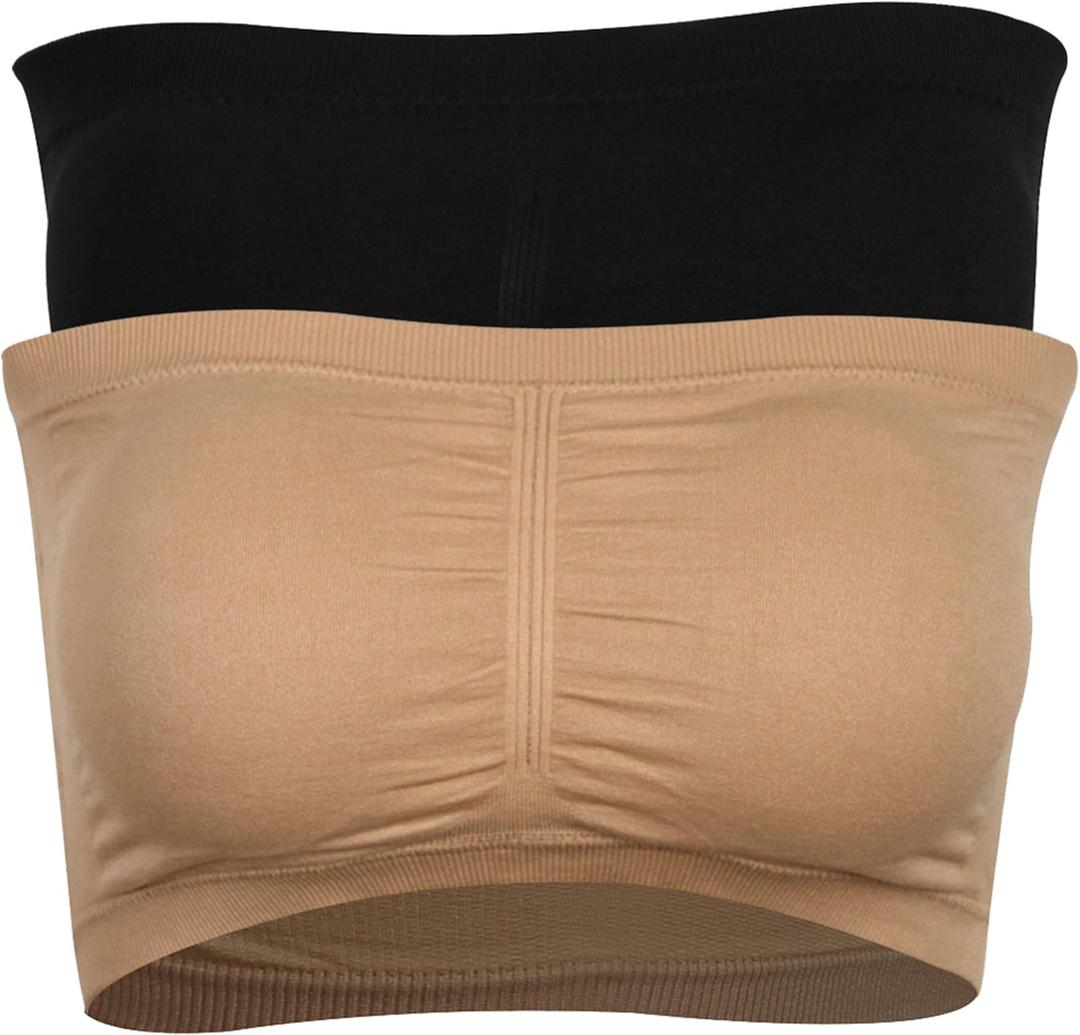 DD DEMOISELLE Women's Bandeau Bra, Strapless Bralette Seamless Bandeau Bra Tube Top Bras (Black Beige 2-pack)