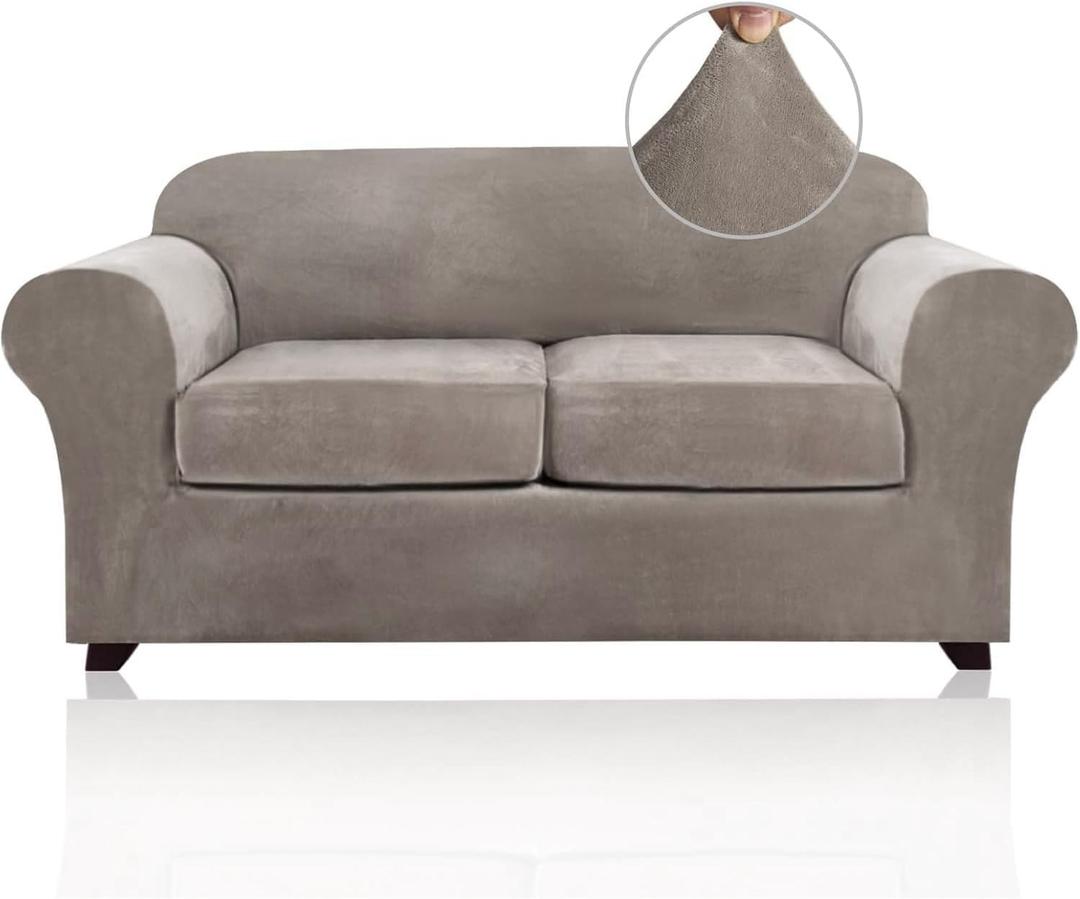 PrinceDeco Velvet Couch Cover Loveseat Covers for 2 Cushion Couch 3 Piece Sofa Covers for Dogs Washable Loveseat Covers Width Up to 72 Inch No Slip Stretch Sofa Slipcover(Medium, Taupe)
