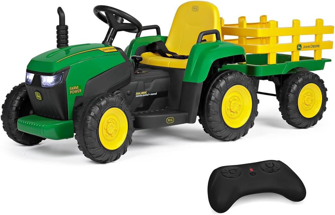 Peg Perego John Deere Farm Power 12 Volt Ride-on Tractor and Trailer with Remote Control, 56.5 inches x 20 inches x 20.5 inches