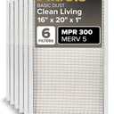 Filtrete 16x20x1 AC Furnace Air Filter, MERV 5, MPR 300, Capture Unwanted Particles, 3-Month Pleated 1-Inch Electrostatic Air Cleaning Filter, 6-Pack (Actual Size15.69x19.69x0.81 in)