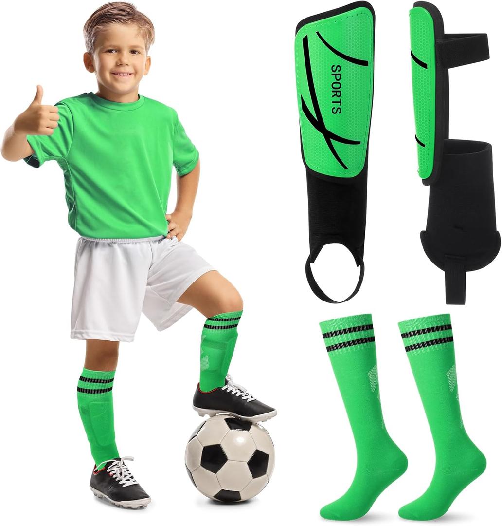 Soccer Shin Guards and Socks Kids Youth Lightweight Soccer Pads Defender with Ankle Protection Ski Shin Guards Football Equipment for Age 4-14 Toddler Boys Girls Teens (Medium, Green)