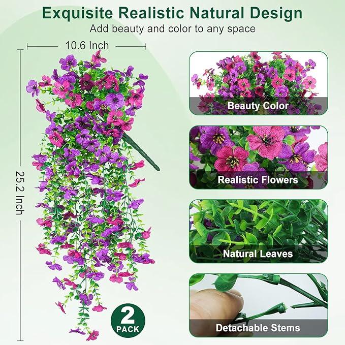 Artificial Hanging Flowers for Outdoors Decorations 2 Pack, Fake Hanging Flowers, UV Resistant Artificial Hanging Plants outdoors for Home Porch Patio Balcony Baskets Yard(Purple & Rose Red)