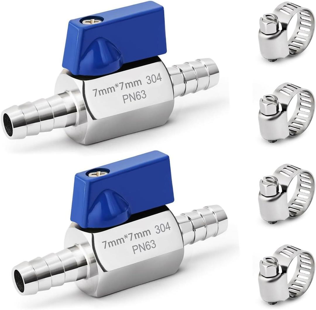 2 Pack 1/4" Hose ID Barb Mini Ball Valve, Stainless Steel Small Shut Off Valve with Clamps Kit for Water Oil Gas (1/4 Inch)