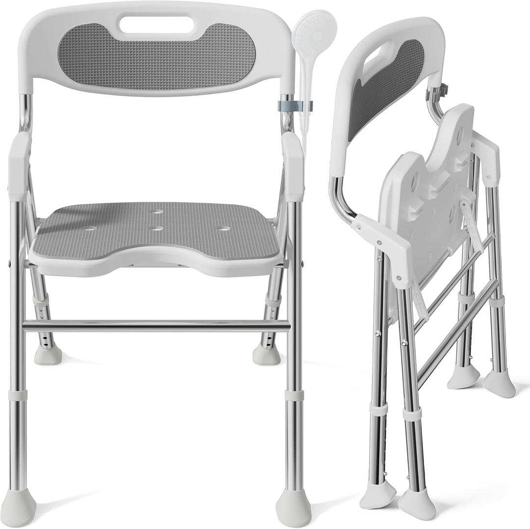 Foldable Shower Chair with Arms and Back Inside Shower, 400LBS Heavy Duty Shower Seat for Elderly Seniors Disabled Adults, U-Shape Cutout 6-Level Height Adjustable Folding Bath Stool