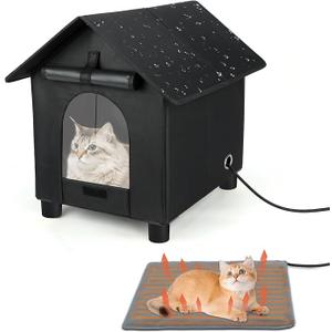 Heated Cat House in Winter Waterproof, Elevated Heated Outdoor Cat House Insulated Outside Feral Cats Houses Shelter with Escape Door for Cats or Small Dogs (Black, Large(17.3"x20.9"x20.8“))