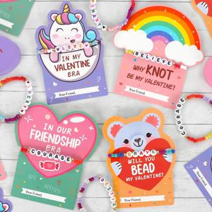 DAZONGE Valentines Day Gifts for Kids, 24 Packs Friendship Valentine s Day Cards with Colorful Bead Bracelets, Classroom Exchange Gift, Valentine Party Favors for Kids School