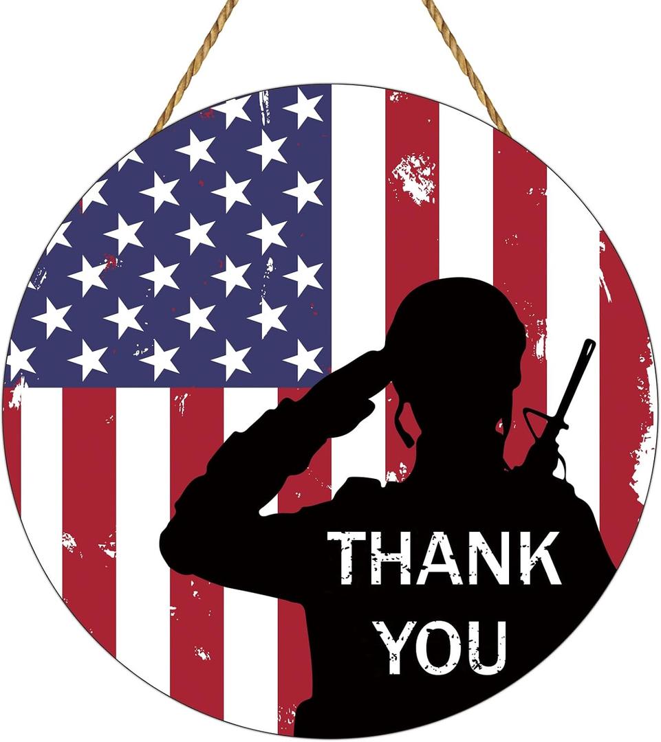 Memorial Day Decorations Patriotic Wreath American Soldier Salute Thank You Hanging Sign Memorial Day Wreath Wooden Front Door Hanger 4th of July Decorations for Porch Wall Indoor Home Decor