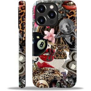 Compatible with iPhone 15 Pro Max Case - Dual-Layer Protection, Hard Shell with Silicone Interior,Slim Scratch Resistant Shockproof for Woman Men - Leopard Print Retro Collage