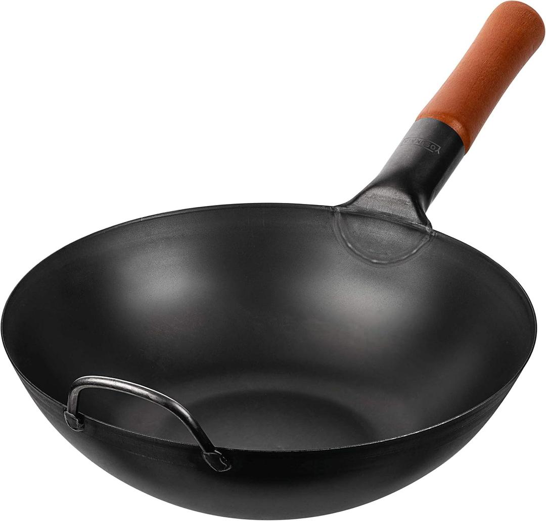YOSUKATA Carbon Steel 11.8" Stir Fry Wok Pan - Pre-Seasoned Chinese Wok with Flat Bottom for Induction Gas Stovetops - Open Fire, BBQ, Grill, Outdoor Camping