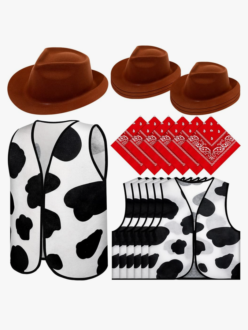 18 Pcs Kids Western Costume Set Include 6 Western Cowboy Felt Hat with 6 Bandanna 6 Cow Vest Tops for Boys Girls Halloween