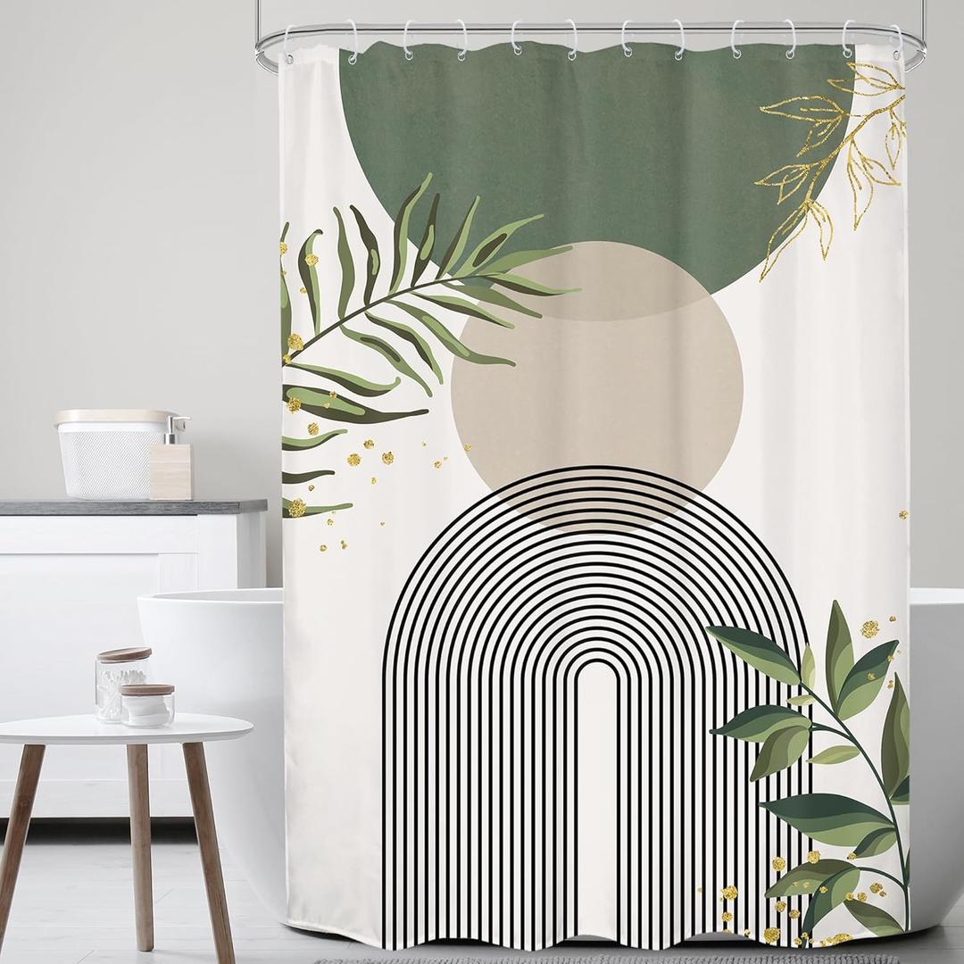 Small Stall Green Boho Shower Curtain 54Wx78H Rv Modern Bohemian Abstract Sage Green Gold Leaves Plant Minimalist Narrow Half Bathroom Decor Geometric Bath Curtain Fabric Polyester 12 Pack Hook