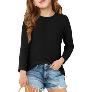 2 x Haloumoning Girls Long Sleeve Tees Kids Casual Crewneck Pleated T Shirts Cute Fall Tops 5-14 Years Black
