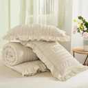 WONGS BEDDING Beige Textured Comforter Set King,3 Pieces Ruffle Farmhouse Shabby Chic Comforter for Queen Bed,Soft Seersucker Boho Bedding Set with 1 Ruffle Comforter,2 Tufted Pillowcases 104"90"
