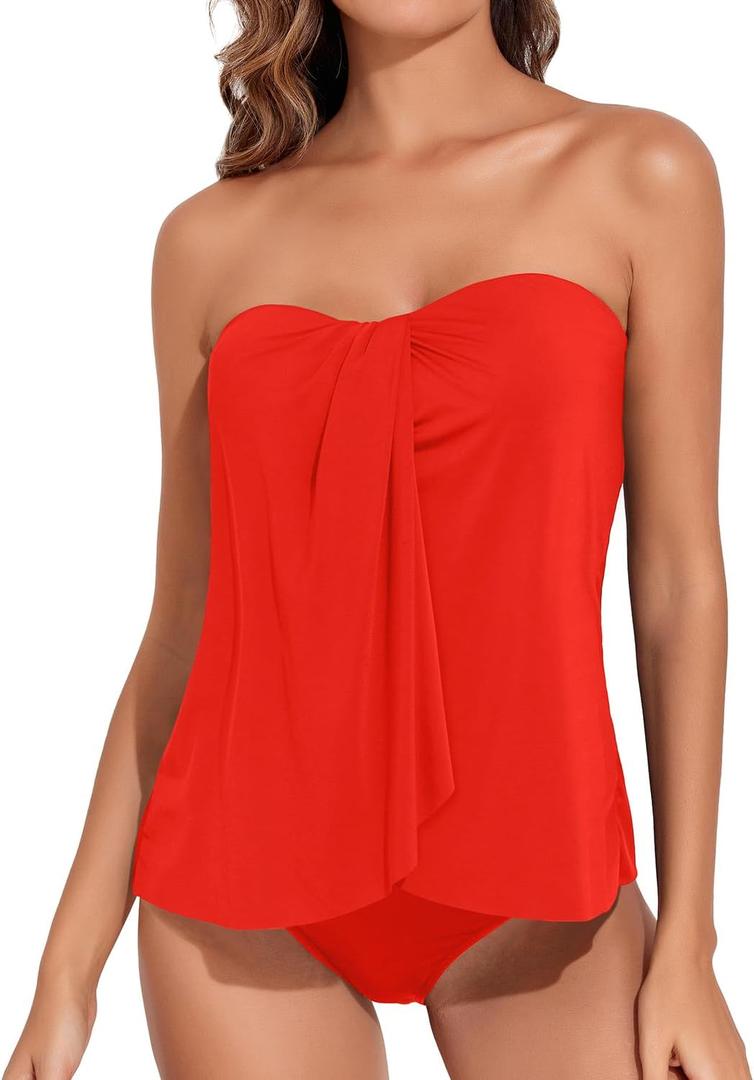 Tempt Me Two Piece Tankini Bathing Suits for Women Halter Bandeau Swim Top with Bottom Flyaway Tummy Control Swimsuit (X-Large, Red)
