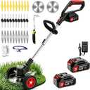 Cordless Weed Wacker 21V Electric Eater Battery Powered, 4 in 1 Lightweight Portable Stringless Weed Trimmer x 2 Battery Operated, Grass Trimmer/Brush Cutter/Lawn Edger with Wheels for Garden Yard, Standard