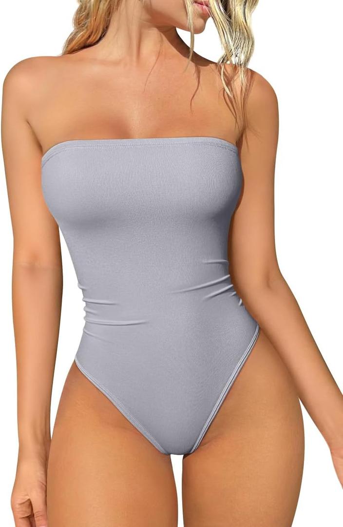 OQQ Womens Tube Bodysuits Strapless Basic Sleeveless Ruched Stretch Classic-Fit Tops Sexy Bodysuits (Medium, Grey)