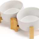 SPUNKYJUNKY 15 Slanted Ceramic Dog and Cat Bowl with Wooden Stand, Tilted Bulldog Food and Water Bowl No Slip Non-Spill for Cats Medium Dogs Big Face Pets 28.7 OZ (3.6 Cups, White  2)