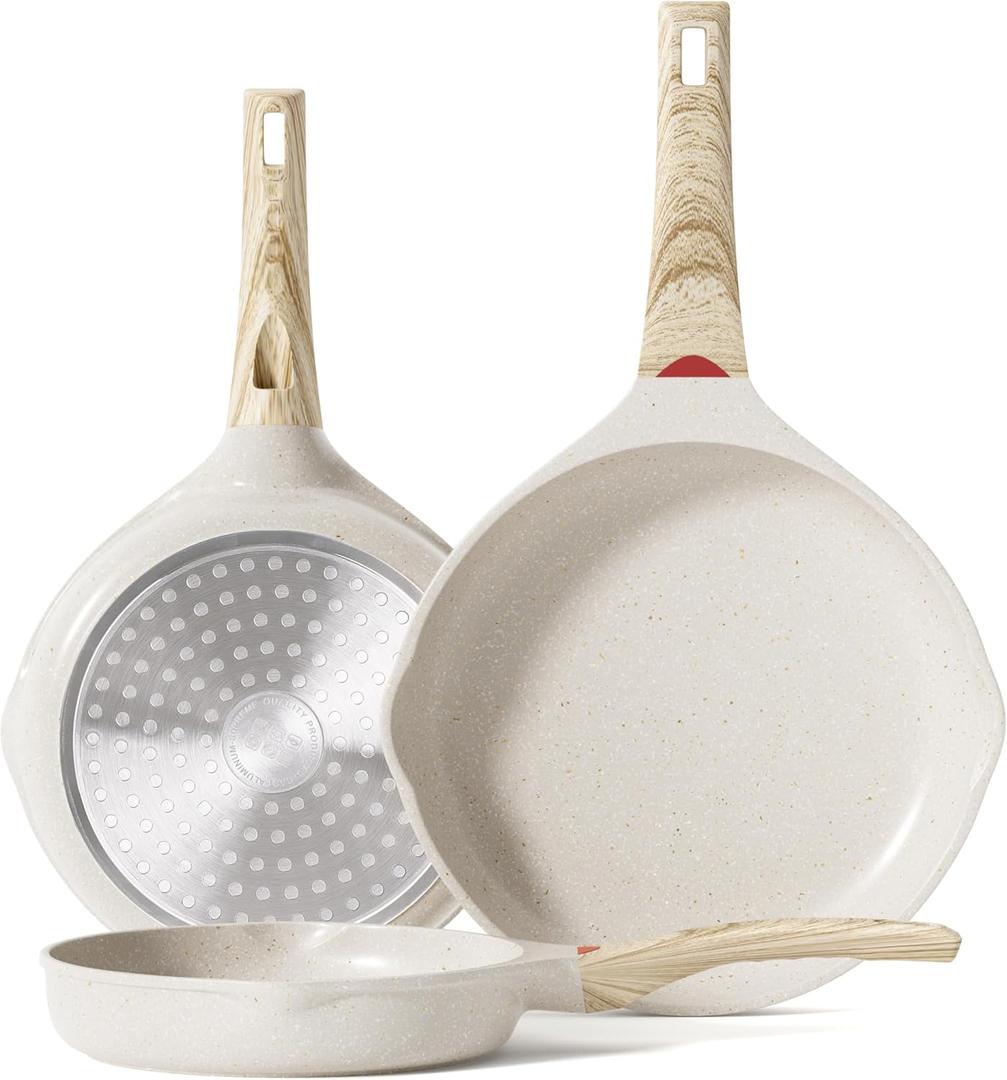 Caannasweis Nonstick Granite Frying Pan Skillet, Non Stick Omelette Fry Pans, Omelet Egg Pan, Stone Cookware Chef's Pan, Induction Compatible, PFOA Free (Beige, 3 Pcs)