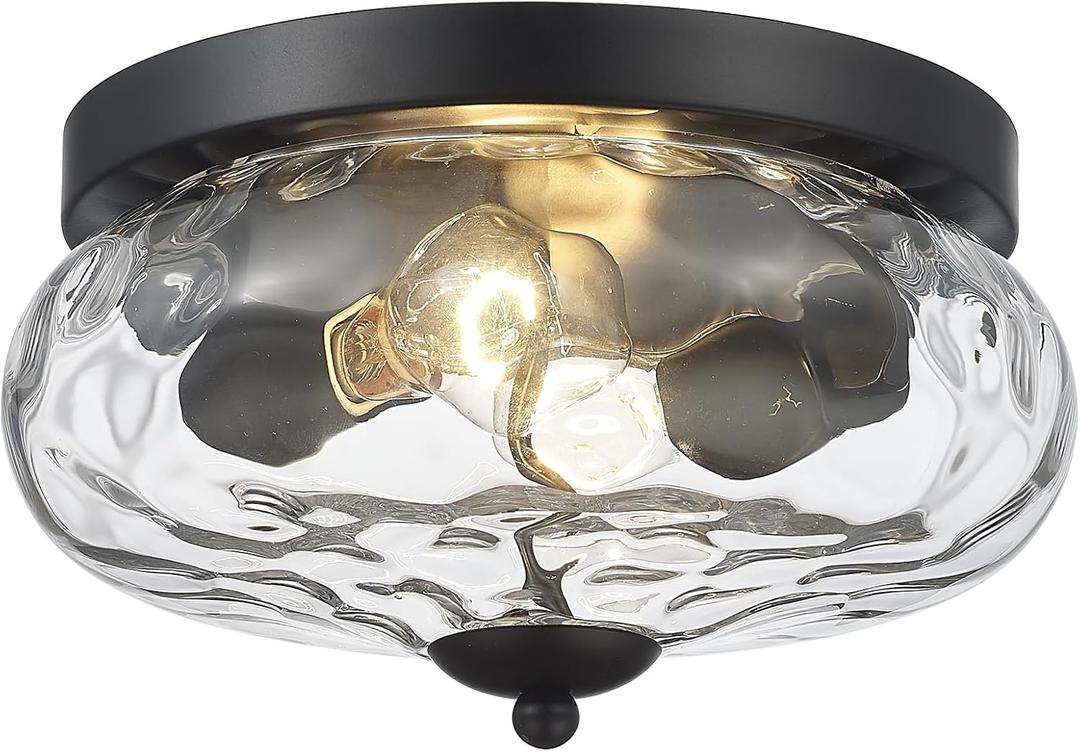 Darkaway Ceiling Light Fixtures Flush Mount Indoor Outdoor Ceiling Light with Water Ripple Glass Shade for Hallway Kitchen Bedroom Porch Living Room Black Finish (11inch)
