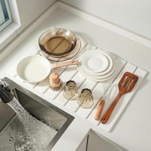 Large Stone Drying Mat for Kitchen Counter, 24''L x 16''W Diatomaceous Earth Collapsible Dish Drying Mat, Quick Drying Mat, Glasses and Flatware, Matches Any Countertop (White, 24'' x 16'')