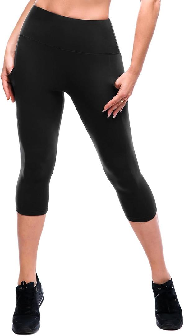 SINOPHANT High Waisted Leggings with Pockets Women, Full Length Capri Buttery Soft Stretchy Yoga Pants(Capri Black, S-M)