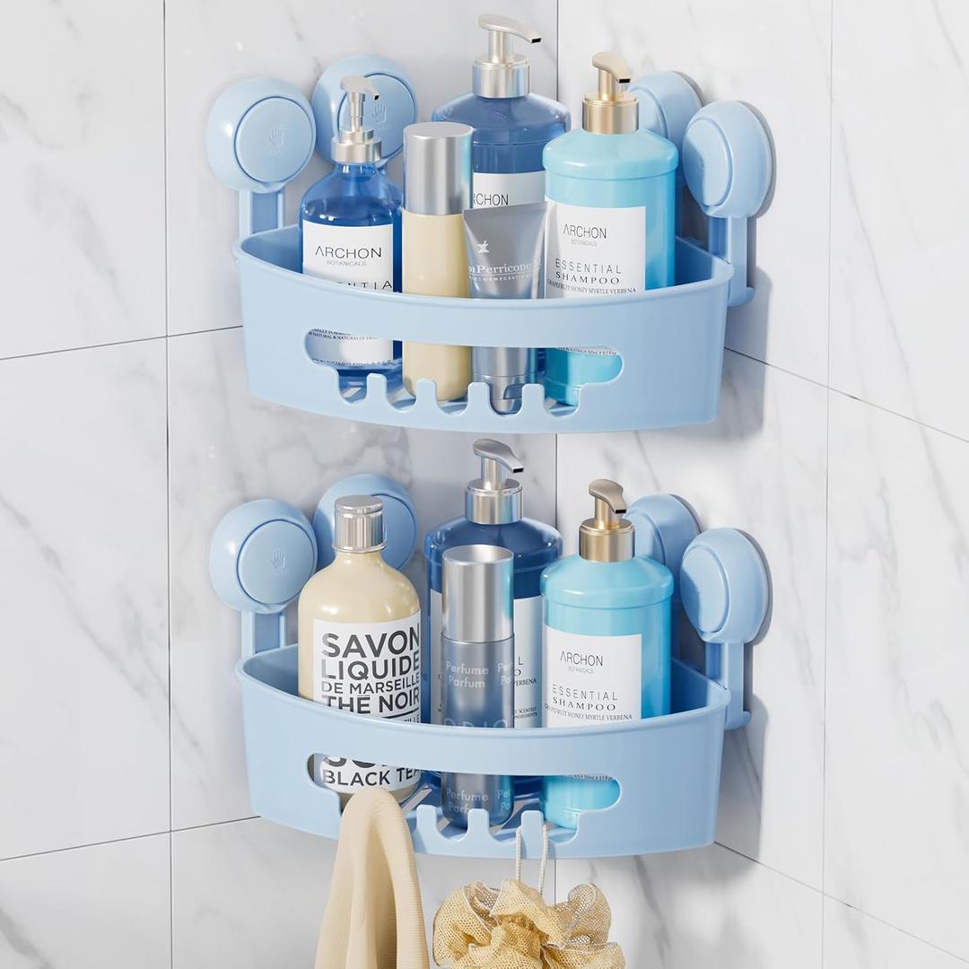 LEVERLOC Corner Shower Caddy Suction Cup, shower shelves suction cup, 2 Pack Basket Powerful Bathroom, Waterproof & Oil-proof Organizer for Kitchen, No-Drilling Removable (Blue)