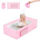 Baby Bathtub, Portable Bathtub with Cat-Patterned Bath Rinse Cup,Foldable Bath Tub for Small Bathroom,Toddler Tub for 6M-5Y,Baby Travel Essentials for Hotel,Camping & Beach (Pink)